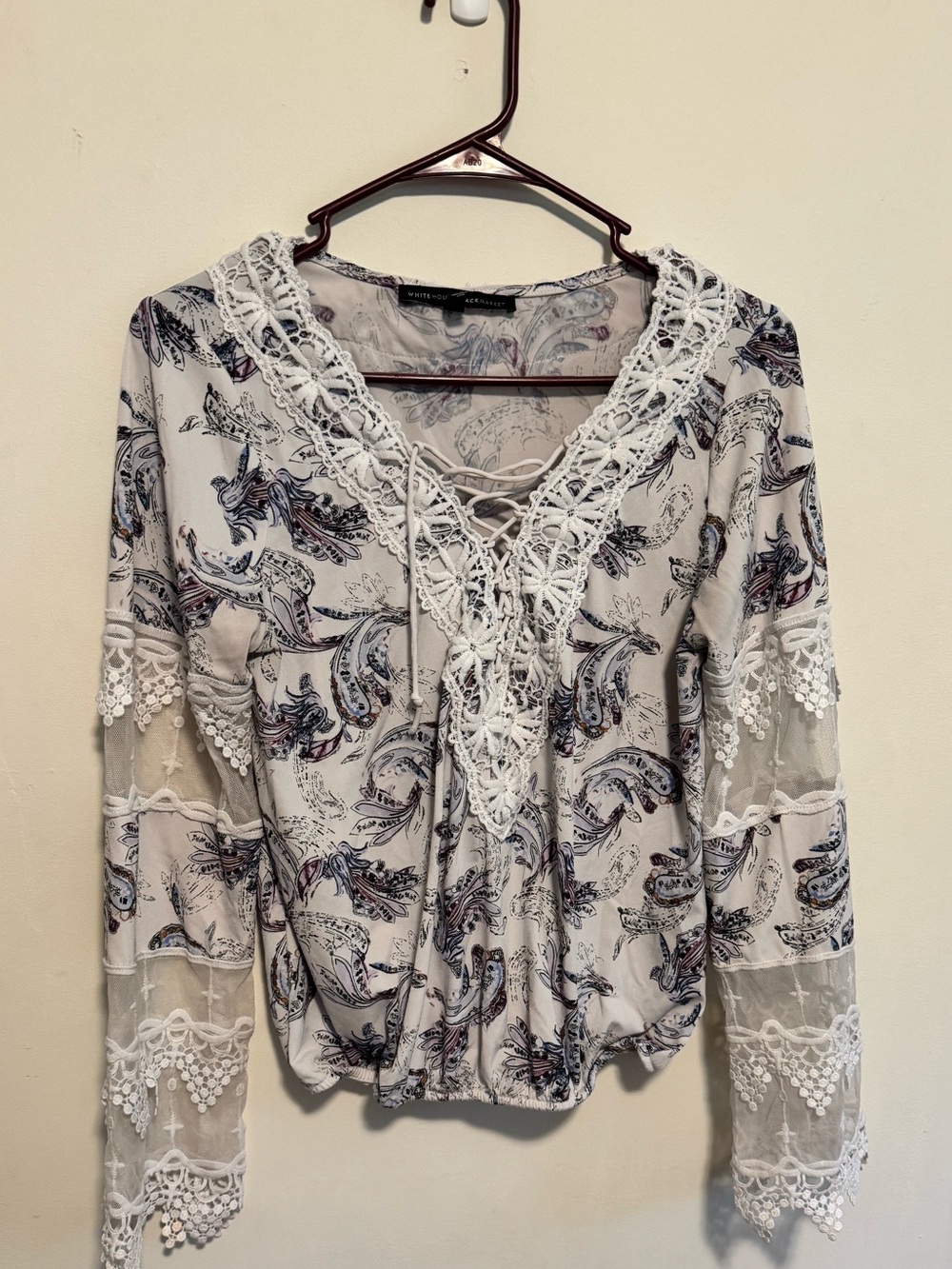 White House Black Market Cream Paisley Lace-Trim Peasant Blouse